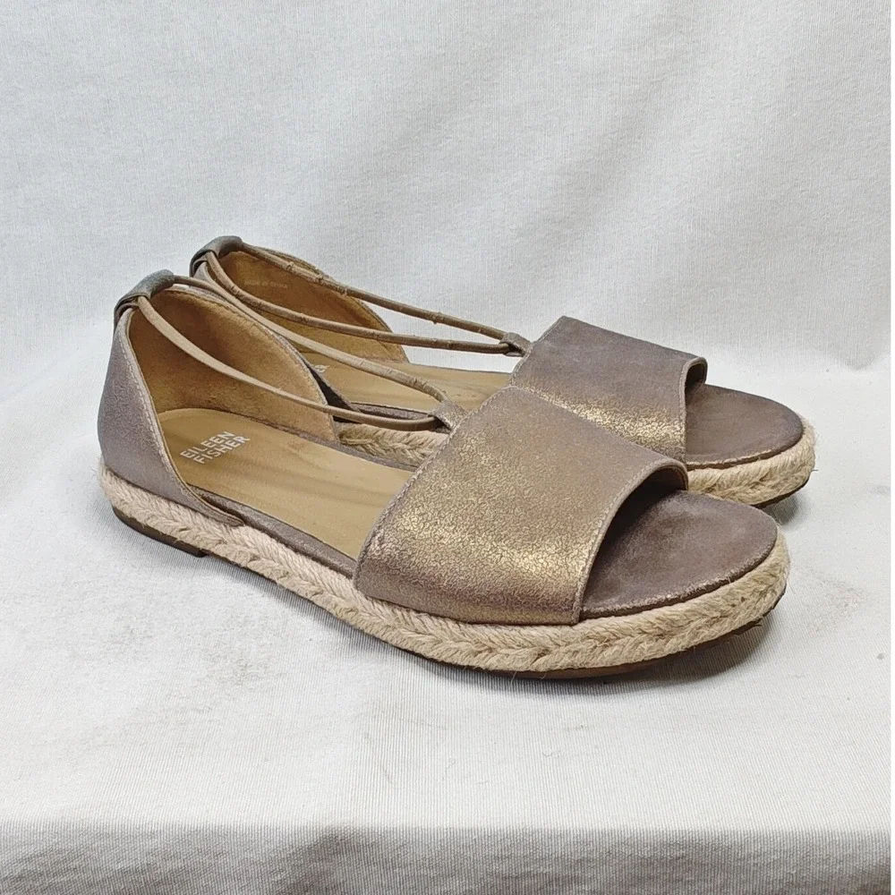 Eileen Fisher Mews Espadrille Sandals 7.5 Bronze Metallic Leather Strappy Flat‎